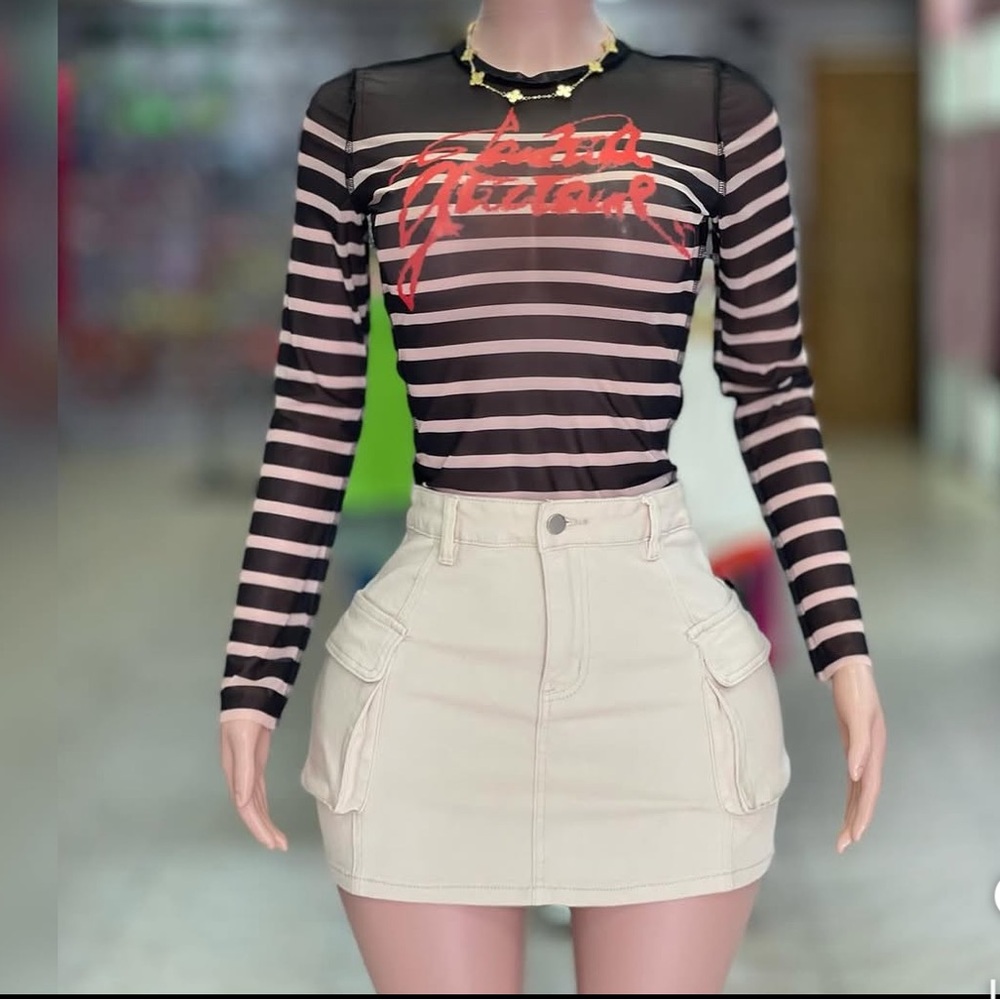Striped Sheer Long Sleeve Top with Graphic Script